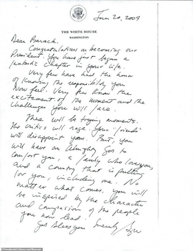 조지 W 부시 전 대통령이 후임자인 버락 오바마에게 남긴 손편지.