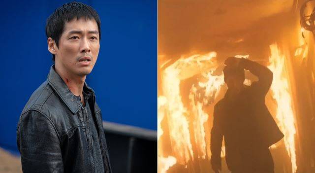 tvN '낮과 밤' 4~5화 속 저택 화재 장면. 배우 남궁민(왼쪽) 뒤에 놓인 파란 배경이 CG 합성을 위한 크로마 스크린이다. 오른쪽 사진은 불꽃이 합성된 후 화면. '낮과 밤' 속 건물 붕괴 장면과 화재 전소 장면은 CG팀의 결과물이다. tvN 제공