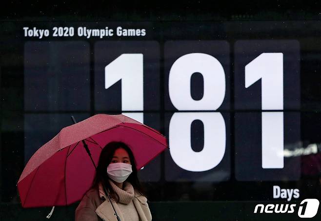 도쿄올림픽까지 남은 일수를 세는 전광판 앞으로 행인이 마스크를 쓴 채 지나가고 있다. © 로이터=뉴스1