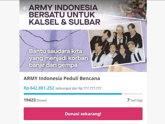 방탄소년단(BTS) 팬클럽 '아미 인도네시아' 회원들이 자연재해 구호를 위해 올린 온라인 기부 창구. 키타비사 캡처