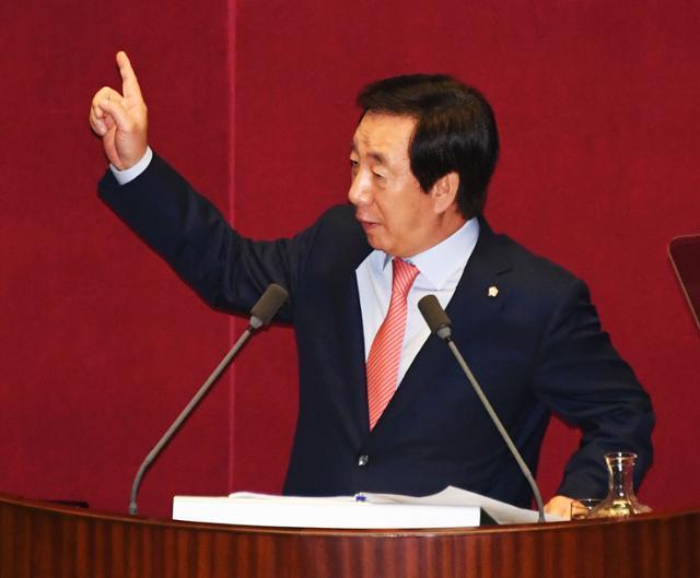 2018년 9월 5일 김성태 자유한국당 원내대표가 국회 본회의에서 교섭단체 대표연설을 하고 있다. 오대근기자