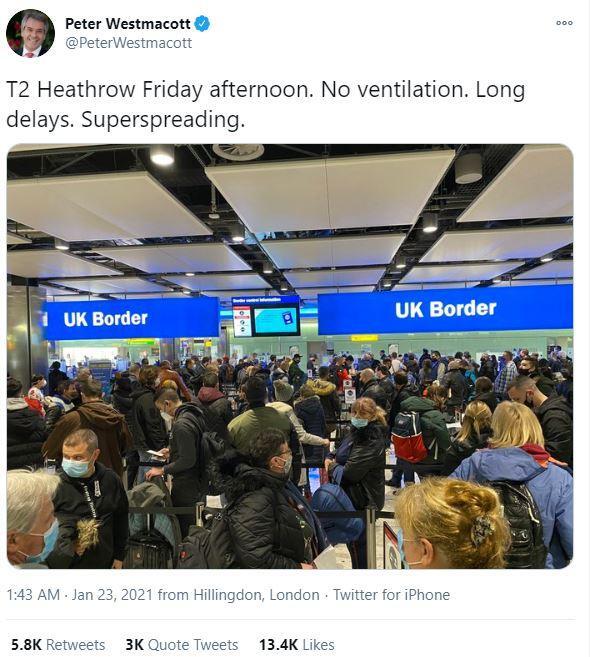 피터 웨스트매콧 전 영국 대사가 트위터를 통해 공개한 23일 런던 히드로국제공항 제2터미널의 모습. 트위터 캡처