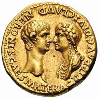 황제 네로와 모후 아그리피나의 마주보는 얼굴이 새겨진 로마 금화. 서기 54년 주조. /위키피디아