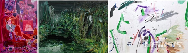 [서울=뉴시스] (왼쪽부터) 송승은, 벽난로가 있는방, 오지은, '늪지가 돼 버린 공원', 이미솔, 'artistic tape 1'.