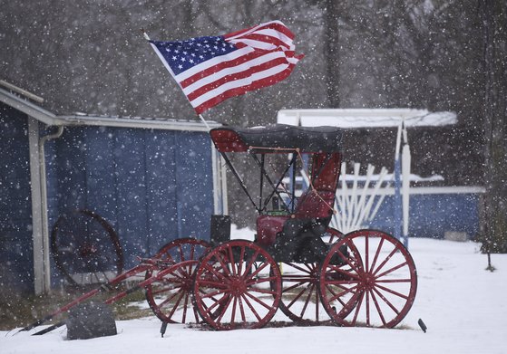 지난 22일 미국 미시간주 워터빌렛의 한 마차에 미국 국기가 걸려있다.[AP=연합뉴스]