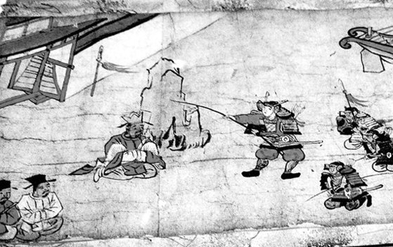 일본의 대표적 역사왜곡인 임나일본부설을 그린 두루마리 족자다. 4세기 일본의 신공황후가 왜군을 이끌고 신라를 정벌했다는 고대 역사서 『일본서기』의 내용을 그렸다. [중앙포토]