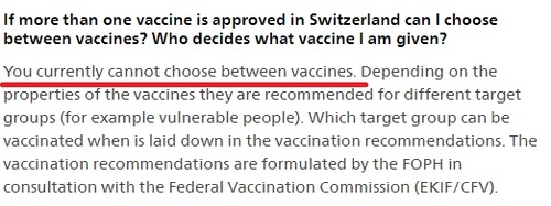 스위스 정부의 백신 선택 질문에 대한 안내 "현재로써는 백신 종류를 선택할 수 없다(빨간 밑줄)"고 안내돼 있다.