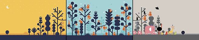 동글동글 몬스터는 외로움을 견디다 숲으로 간다(왼쪽). 숨은그림찾기처럼 원숭이들 사이에 섞여 보려고도 하지만(가운데) 결국 처음의 모습으로 돌아온다. 원래의 모습으로 숲을 나서는 몬스터를 친구가 된 동물들이 배웅한다(오른쪽). /스티키몬스터랩