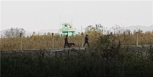지난해 10월 중국 랴오닝성 단둥(丹東)의 한 북중 접경지역. 총을 멘 군인이 감시견을 데리고 순찰을 하고 있다. /연합뉴스