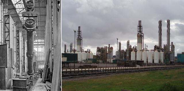 독일 오파우공장에 1913년 처음 설립된 암모니아 합성 반응로(왼쪽)과 현대의 전형적인 비료공장. 위키피디아