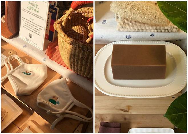 그린플리스 면 마스크(좌),유민얼랏 유기농 설거지 비누(우)(사진=유민얼랏)