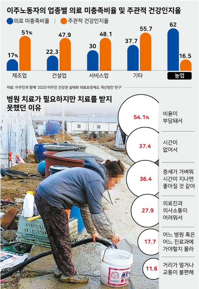 이주노동자의 업종별 의료 미충족비율. 그래픽=강준구 기자