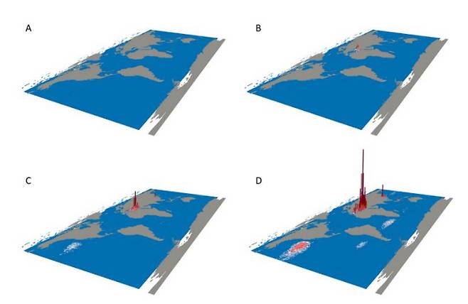 미세플라스틱 오염으로 인한 위험도(최악의 경우)를 국제공동연구진이 지도에 표시한 그림. 왼쪽 위부터 1970년(A), 2010년(B), 2050년(C), 2100년(D)이다. 시간이 갈수록 지중해 지역과 황해, 북태평양 등의 위험도 그래프가 높아지고 있다. 국제학술지 ‘환경오염’ 제공.