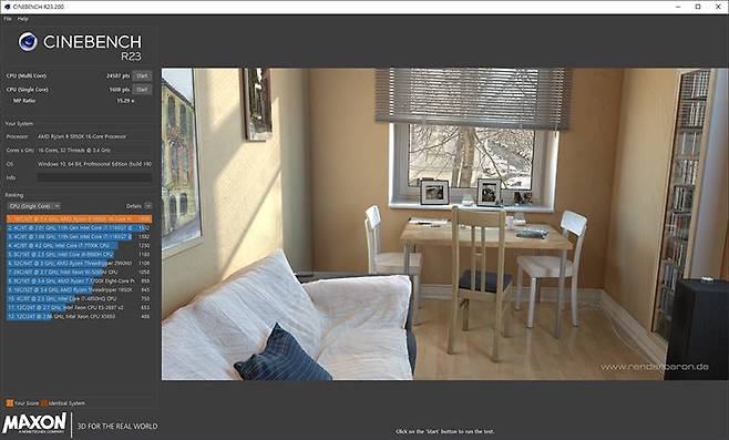 시네벤치 R23의 다중 코어 및 단일 코어 점수, 각각 24,587점 및 1,608점으로 확인된다. 출처=IT동아