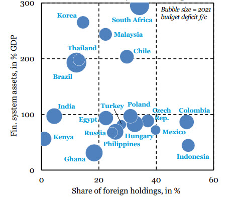 한국은 신흥국들 중에서도 외국인 자산 보유비중이 낮고 국내 금융권 자산규모가 큰데다 재정적자 비율도 낮은 편이다. (IIF)