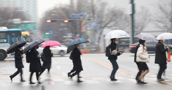 겨울비가 내린 지난 26일 오전 서울 시내에서 우산을 쓴 시민들이 횡단보도를 건너고 있다.(사진=연합뉴스)