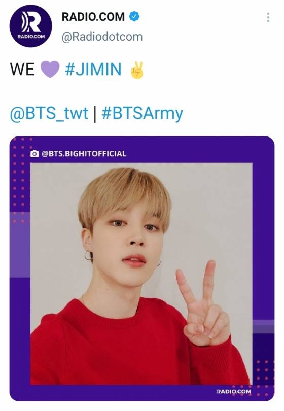 방탄소년단 지민, 퍼플하트 대표 멤버→美라디오닷컴 'We♡Jimin' 보랏빛 팬심 폭발