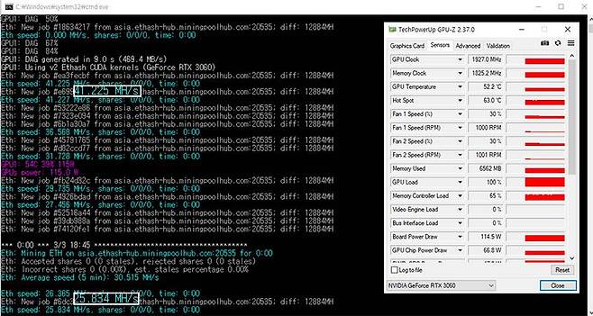 이더리움 채굴 시 41MH/s 정도로 시작했다가 3분도 안돼 21MH/s 정도로 떨어졌다. 출처=IT동아