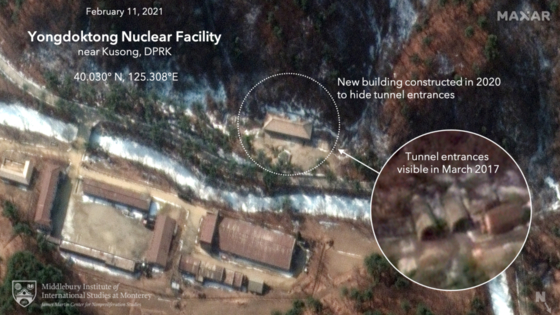 A satellite image taken on Feb. 11 by Maxar shows a new structure obscuring the entrance to a pair of tunnels at Yongdoktong in Kusong, North Pyongan Province, where nuclear weapons or nuclear weapon components are believed to be stored. [MIDDLEBURY INSTITUTE OF INTERNATIONAL STUDIES]