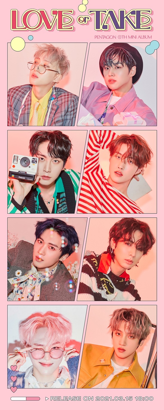 The Group Pentagon showed off visuals that seemed to have ripped off the comics.Cube Entertainment released its first concept Image of its mini 11th album LOVE or TAKE (Love All Take) through the Pentagons official SNS channel at 0:00 on the 3rd.The members of the Pentagon in the public Image show off their 8-color unique charm under the pink background of the Romantic mood.Especially, the picturesque visuals that seemed to pop out of genuine comics caused the excitement of viewers and amplified the expectation of the new album.The Pentagon released an illustration version of the preview Image before the concept Image was released, causing an explosive response.The illustrations of the Pentagon members costumes and poses as well as the lovely mood boasted a high synchro rate and gave fans a different kind of fun.The Pentagon, which has been loved by its unique music and concept that only they can digest every album, is expected to capture the eyes and ears of global fans with its unique charm that has never been introduced before.Meanwhile, the Pentagons mini-11 album LOVE or TAKE (Love All Take) will be released on various online music sites at 6 p.m. on the 15th.Photo: Cube Entertainment