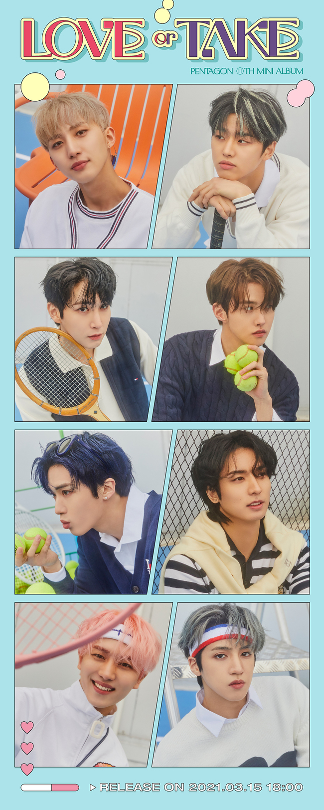 The Group Pentagon boasted a refreshing Attractiveness.Cube Entertainment released its second Conceptss Image of its mini-11 album LOVE or TAKE (Love All Take) on the Pentagons official SNS channel on March 4.The Pentagon in the public Image boasts a refreshing visual with a blue tennis court in the background.Especially, stylish sporty look, tennis ball, racket, etc., combined with the Pentagons unique clean energy and gave a different Attractiveness.The Pentagon released an illustration version of the preview Image before the Conceptss Image was released, amplifying the curiosity about the new Conceptss.Following the first Conceptss Image, which was prominent in the romantic mood, the Pentagon raised expectations for a new album with a thrilling visual that seemed to pop out of comic books.The Pentagon has been steadily growing globally with its unique music and Conceptss for each album.Global fans are attracting attention as the Pentagon, which is returning to its Conceptss in five months, is showing new features.
