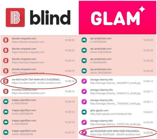 블라인드와 글램에서 채팅을 하자 로그기록에 센드버드(Sendbird) 이름이 적힌 서버이름표시(SNI)가 등장했다.