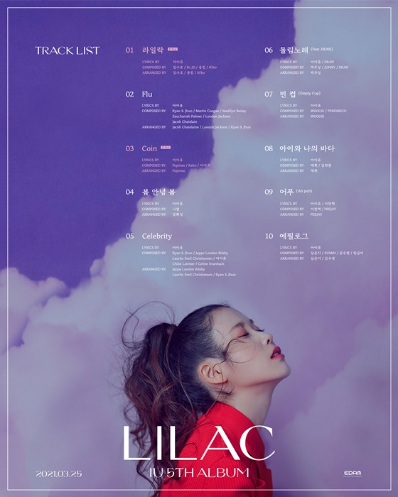 IU released a track list of Regular 5th album LILAC (Lilac) on its official SNS channel at midnight on the 10th.The track list, which was released along with an intense color image, included 10 tracks including Double Jeopardy title songs Lilac, Coin (COIN), Flu (Flu), Spring Good Morning Spring and My Sea with the Child.The Double Jeopardy title song of Regular 5th album is Lilac, the title of the same name as the album. Through this album, Im Soo-ho, Dr.JO (Doctor Joe), N!ko (Nico), and Woong Kim, who first breathed with IU,Another title song, Coin (COIN), is a collaboration between composer Poptime (pop time) and Kako (Kaco), who created a number of hits, and heralds a powerful synergy.In addition, the songs of this album include musicians from various genres such as Naul, Lee Chan-hyuk, Dean (DEAN), Wugi (WOOGIE), Penomeco (PENOMECO), and composers such as Park Woo-sang, Wage Rain, and SUMIN (Sumin) It is expected that this will be a different combination with IU.In the photo released with the Tracks list, IU in red color costume attracted attention because it showed unique and chic charm.IUs new album, which has been expected to be a masterpiece of the past by releasing the track list with colorful lineup artists, is a Regular album released in four years after the 2017 Palette.It will be released on various music sites at 6 pm on the 25th.