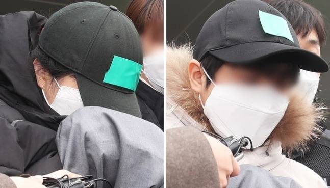 조카를 학대해 숨지게 한 이모(왼쪽)와 이모부가 2월 10일 구속 전 피의자 심문(영장실질심사)에 출석하기 위해 용인동부경찰서에서 나오고 있다. 용인=연합뉴스