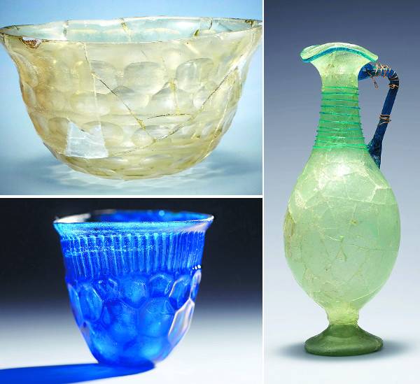 왼쪽 위에서부터 시계반대방향으로 시리아·팔레스타인 산(황남대총 북분), 이집트 산(천마총), 중앙아시아 산(황남대총 남분).