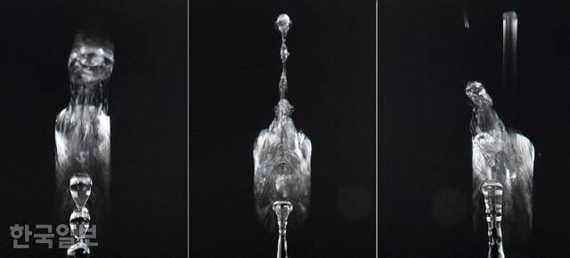 물방울이 또 다른 물 표면과 충돌하는 순간을 특수 렌즈와 조명을 활용해 촬영하면 다양한 형태가 나온다. 왼쪽부터 '올빼미' '타조' '닭'을 닮은 물방울. 서재훈 기자