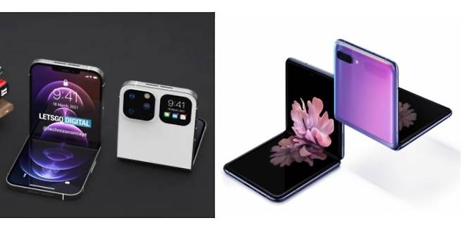 애플 아이폰 폴더블폰 예상 이미지(왼쪽)와 삼성전자 폴더블폰 갤럭시Z 플립(오른쪽) [출처:렛츠고디지털(LETSGO DIGITAL), 삼성전자]