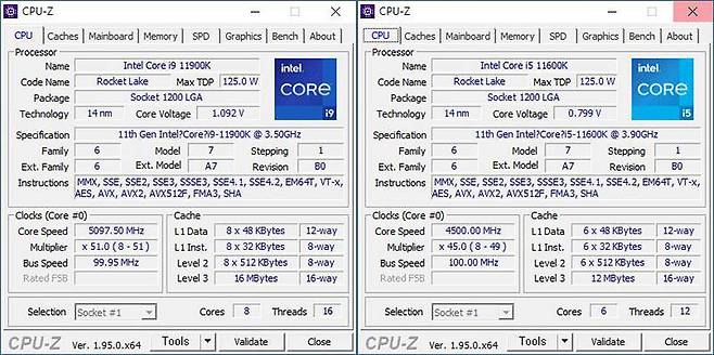 11세대 인텔 코어 i9-11900K의 CPU-Z(좌) 및 코어 i5-11600K의 CPU-Z(우). 출처=IT동아
