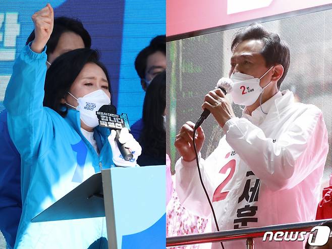 (서울=뉴스1) 국회사진취재단 = 박영선 더불어민주당 서울시장 후보(왼쪽)가 31일 오전 서울 동작구 이수역 앞에서 유세를 갖고 지지를 호소하고 있다. 같은날 오후 오세훈 국민의힘 서울시장 후보(오른쪽)가 같은곳에서 유세를 갖고 지지를 호소하고 있다. 2021.3.31/뉴스1