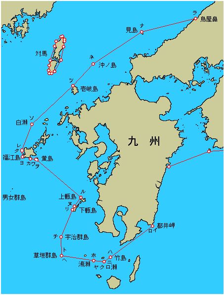 일본이 쓰시마(對馬)와 규슈(九州) 일대의 영해를 규정하면서 사용한 직선기선. 간조 시 해안선을 기준으로 한 통상기선을 사용했을 때보다 영해가 대폭 넓어진다는 것을 알 수 있다. [일본 해상보안청 공개 자료 캡처, 재판매 및 DB 금지]