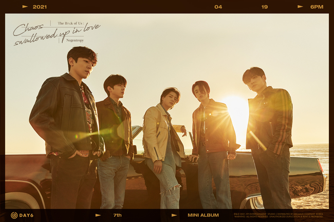 DAY6 (Day6) first unveiled its new album group Teaser.DAY6 will release its mini-7th album, The Book of Us: Negentropy - Chaos swapped up in love (The Book City of London Earth: Negentropy - Chaos Swallow Up Love, hereinafter Negentropy), and the title song You Make Me (You Make Me).At 0 oclock on the 10th, two Perfect Field comeback images were released for the first time on the official SNS channel, featuring Sungjin, Jae (Jay), Young K (Young K), Wonpil, and five members who helped.The members in the photo showed a soft charisma behind the red sunset.The five-member combination that reminds me of a scene of a youth road movie, and elements that stimulate sensitivity such as beach and classic car raised expectations for the new song You Make Me.In particular, DAY6 has completed new music as Perfect Field in about a year since releasing the song Zombie (Zombie), which has gained a lot of sympathy in A Year Ago in Winter in May, and the fans welcome is getting bigger.The title song You make Me made by Young K and Wonpil features hopeful lyrics and new melody development methods filled with warm spring energy in April.It is expected to become a fixed playlist for fans as well as many public.This mini 7th album is an album that decorates the brilliant ending of the book series The Book of Us which DAY6 has been conducting.The Mini 5th album Gravity (Gravity) in July 2019, the regular 3rd album Entropy (Entropy) in October, the Mini 6th album The Demon (The Dimon) in May 2020, and the unit DAY6 (Even City of Day) (even City of Day) consisting of three people who helped Young K, Wonpil in August, Winter Gluon (gluon) by London Day), followed by Negentropy in April 2021, which marks the completion of the long journey.