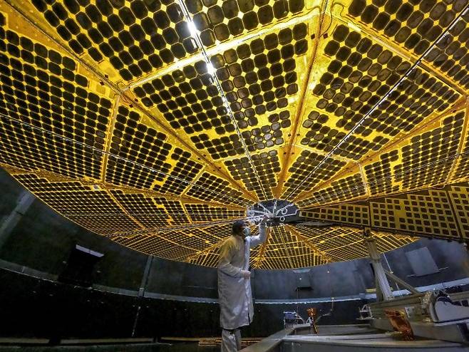 목성의 트로이 소행성을 탐사할 우주선 ‘루시(LUCY)’에 동력을 공급할 태양전지판. 날개를 펼치면 지름이 7.3m에 이른다. NASA 제공