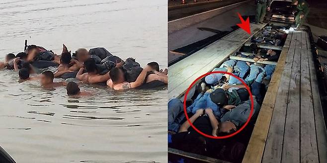 리오그란데강으로 밀입국하다 적발된 사람들(사진 왼쪽)과 트레일러 상판 아래에 숨어있던 불법 이민자들