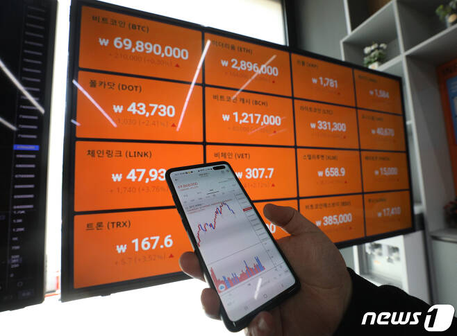 서울 강남구 빗썸 강남고객센터에서 한 시민이 스마트폰으로 가상화폐 시세를 확인하고 있다.  © News1 신웅수 기자