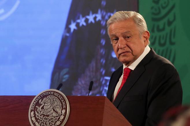 안드레스 마누엘 로페스 오브라도르 멕시코 대통령이 22일(현지시간) 조 바이든 미국 대통령이 주최하고 40개국 정상들이 화상을 참석한 기후정상회담에서 연설하고 있다. [로이터]