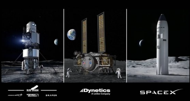 달 착륙선 개발사업자 공모에 참여한 기업. (왼쪽부터) 제프 베이조스가 설립한 블루오리진, 미국의 방산기업 다이네틱스, 일론머스크의 스페이스X