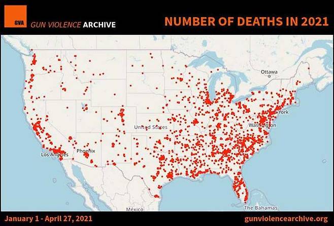 2021년 미국 총기 사건·사고 현황 지도
