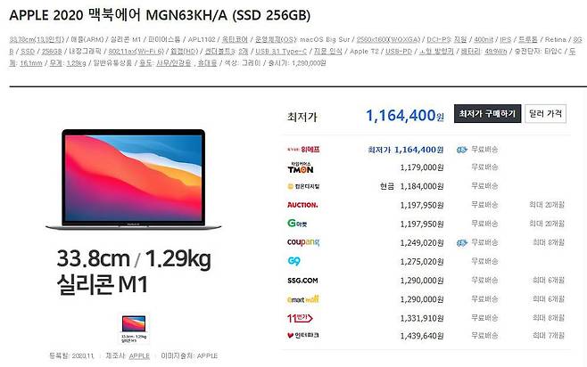 가격 비교 사이트 '다나와'에서 맥북 에어를 검색한 결과