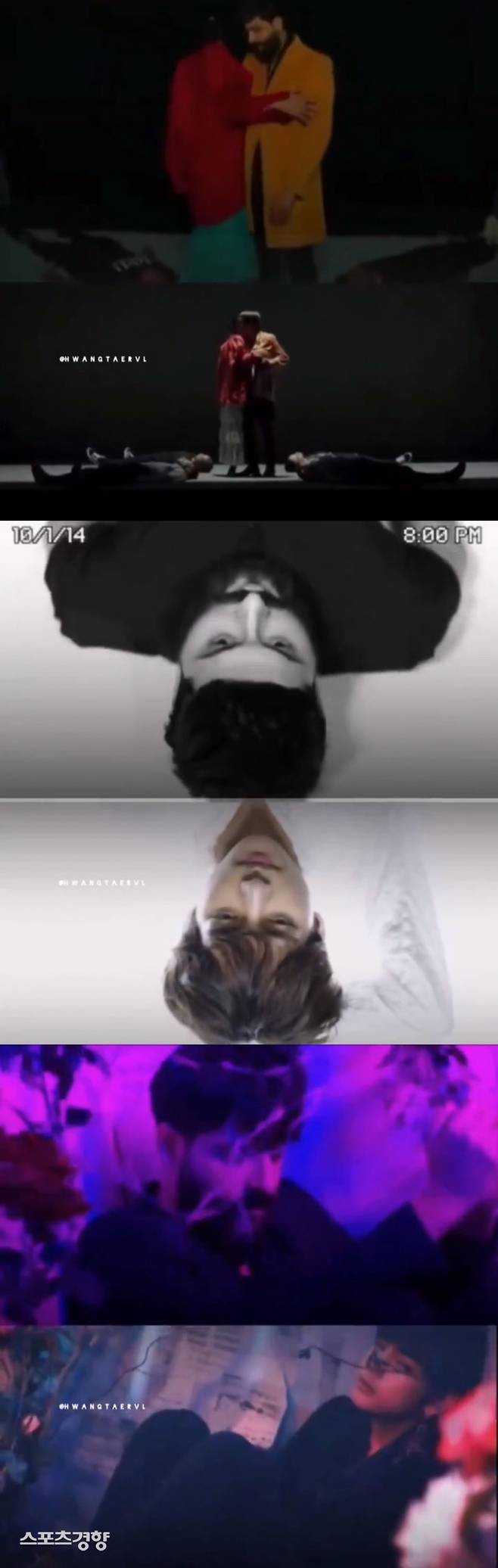 아랍권 가수 아메드 알바하르의 티저영상(위)과 방탄소년단 뷔의 솔로곡 뮤직비디오의 일부(아래), 해당 MV는 구도는 물론 의상 색감까지 매우 흡사하다. 사진 SNS