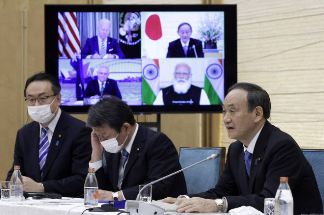 지난 3월 12일 미국, 일본, 호주, 인도 안보 연합체 ‘쿼드(Quad)’ 4개국 첫 화상 정상회의에서 스가 요시히데 일본 총리가 발언하고 있다(사진=AFP)