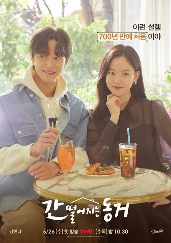 '간 떨어지는 동거' 강한나와 김도완의 포스터가 공개됐다. 카페에 나란히 앉아 있는 두 사람은 각자 다른 곳을 바라보지만 서로를 의식하고 있어 보는 이들을 설레게한다. /tvN 제공