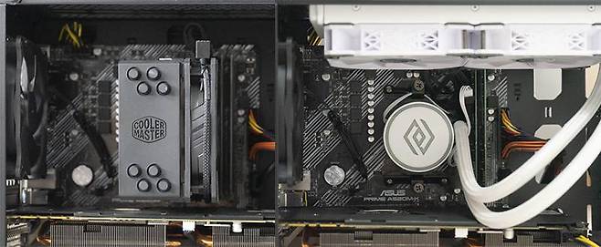 좌측이 120mm 쿨링팬이 탑재되는 쿨러마스터 하이퍼 212 RGB, 오른쪽이 앱코 엔코어 L240 RGB. 출처=IT동아