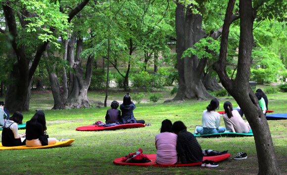 지난 5월 6일 오후 서울 창경궁을 찾은 시민들이 휴식을 취하고 있다. 연합뉴스