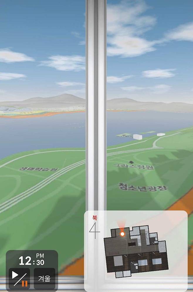 앱 화면서 창문 클릭하면 ‘아파트 뷰’까지 보여줘 직방이 최근 출시한 ‘3D 단지 투어’ 서비스 화면. 아파트 단지 내·외부 모습은 물론, 창문 부분을 클릭하면 창가에서 보이는 바깥 풍경이 어떤지 보여준다. /직방