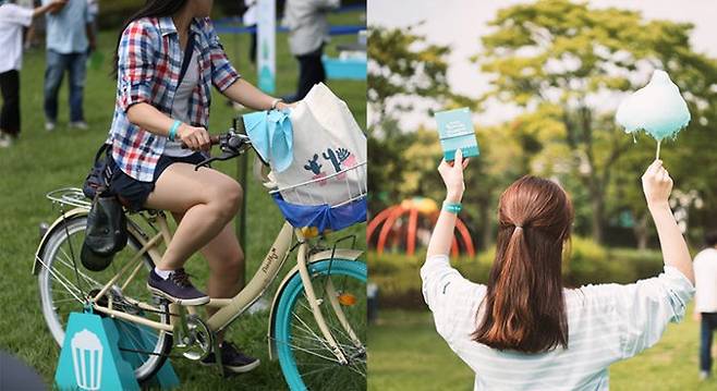 출처: 축제 관람객이 솜사탕 기계를 돌릴 수 있는 솜사탕 자전거를 타고 있다. 플레이그린 페스티벌 2017에 가면 운동 에너지로 재미있는 결과물을 만들어내는 놀이기구 다섯 가지를 즐길 수 있다. 사진 이니스프리