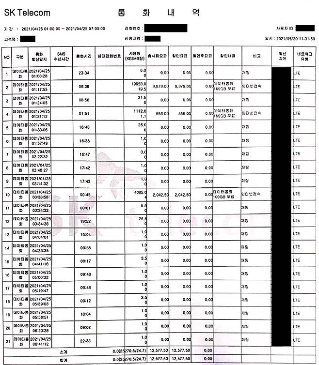 손정민씨 실종 당일인 지난달 25일 새벽 CBS노컷뉴스 취재진의 통화 내역. 사진 허지원 수습기자.